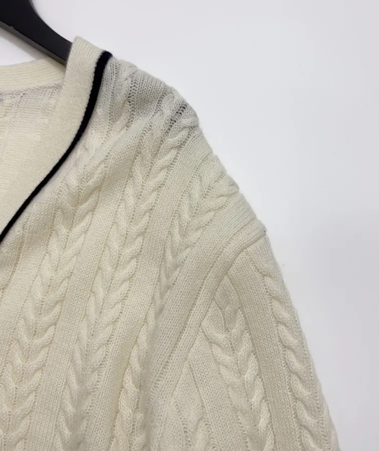 Colorblock V-Neck Buttoned Cardigan Sweater Outerwear in Ivory and Navy, product view 05