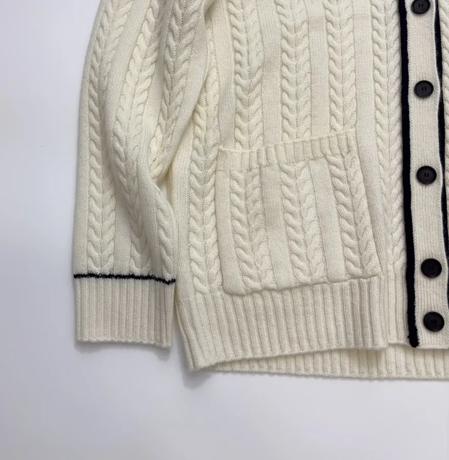 Colorblock V-Neck Buttoned Cardigan Sweater Outerwear in Ivory and Navy, product view 11