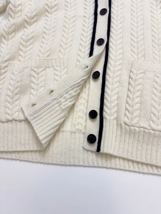 Colorblock V-Neck Buttoned Cardigan Sweater Outerwear in Ivory and Navy, product view 14