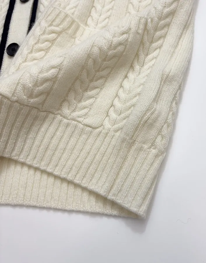Colorblock V-Neck Buttoned Cardigan Sweater Outerwear in Ivory and Navy, product view 16