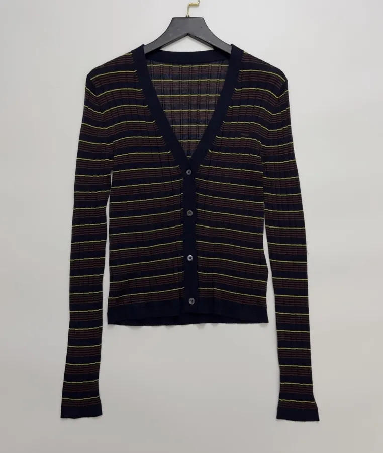 Striped Long-Sleeve Slim-Fit V-Neck Button-Down Knitted Cardigan Top in Black and Gold, product view 01