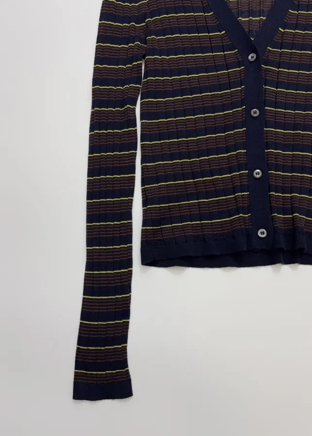 Striped Long-Sleeve Slim-Fit V-Neck Button-Down Knitted Cardigan Top in Black and Gold, product view 08