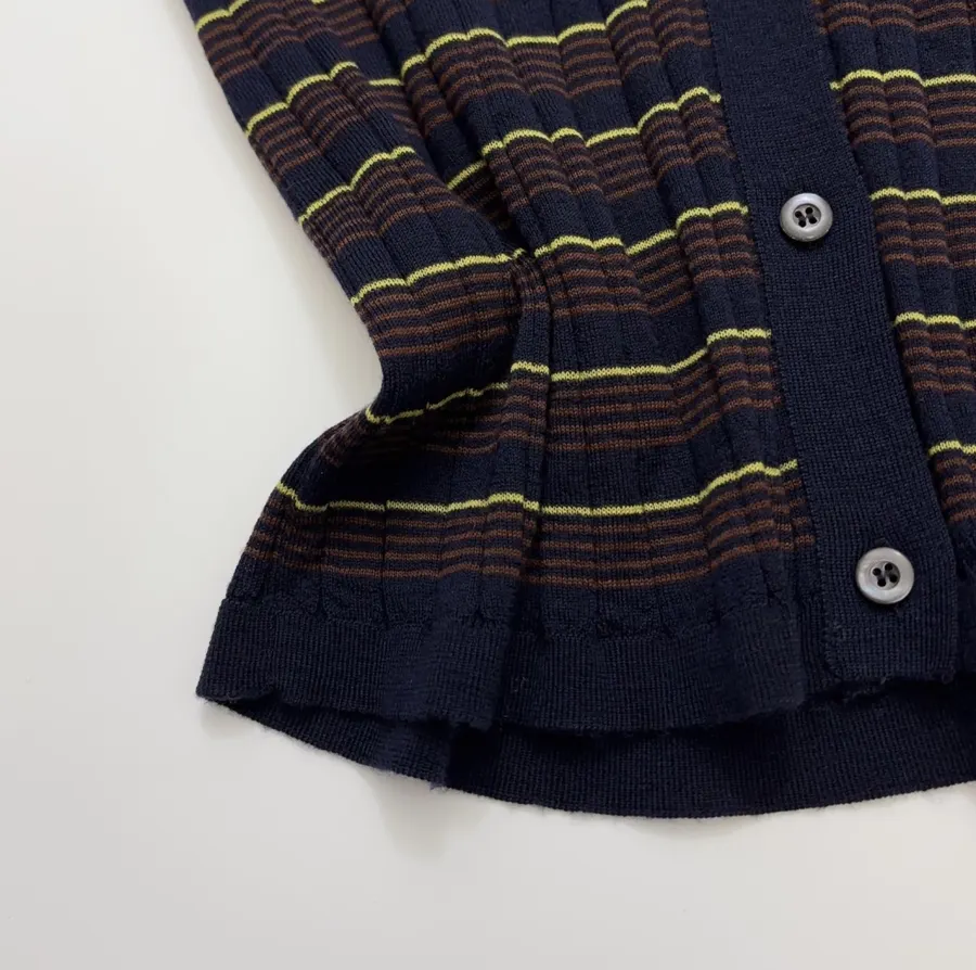 Striped Long-Sleeve Slim-Fit V-Neck Button-Down Knitted Cardigan Top in Black and Gold, product view 09