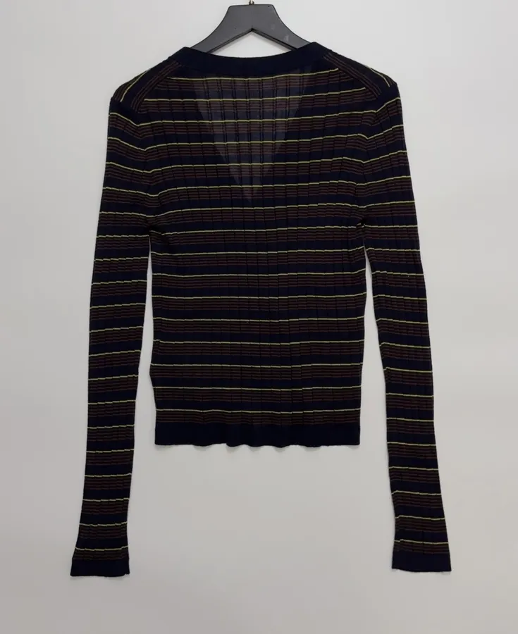 Striped Long-Sleeve Slim-Fit V-Neck Button-Down Knitted Cardigan Top in Black and Gold, product view 11
