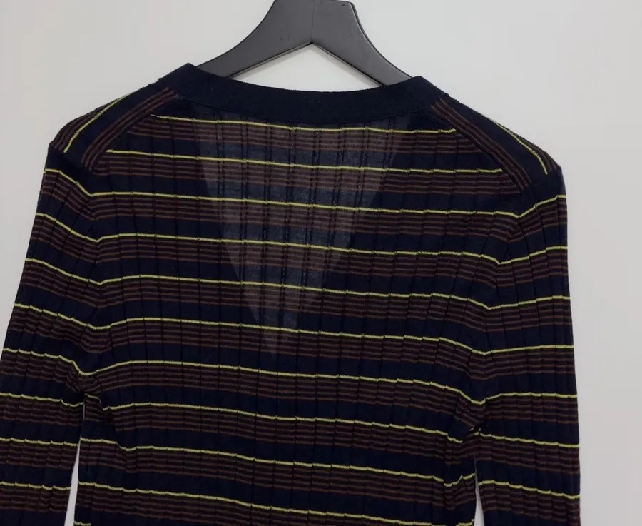 Striped Long-Sleeve Slim-Fit V-Neck Button-Down Knitted Cardigan Top in Black and Gold, product view 12