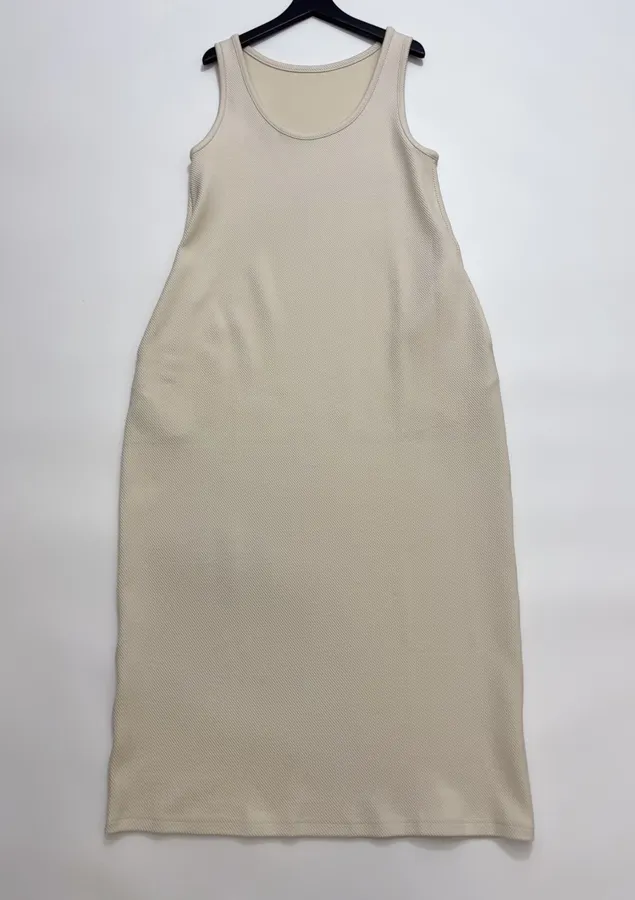 Loose U-Neck Tank Dress Tencel Cotton Blend Twill Textured Dress in Oatmeal, product view