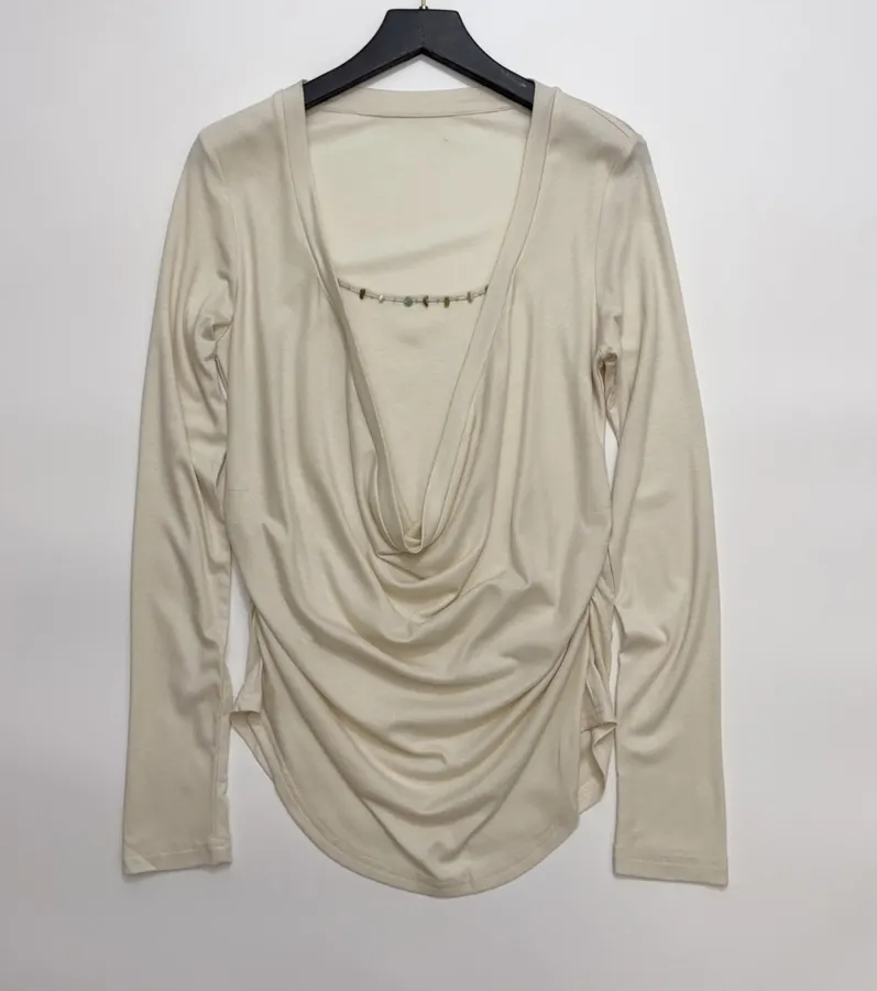 Gem-Embellished Draped-Neck Layered Long-Sleeve Top in Light Gray, product view