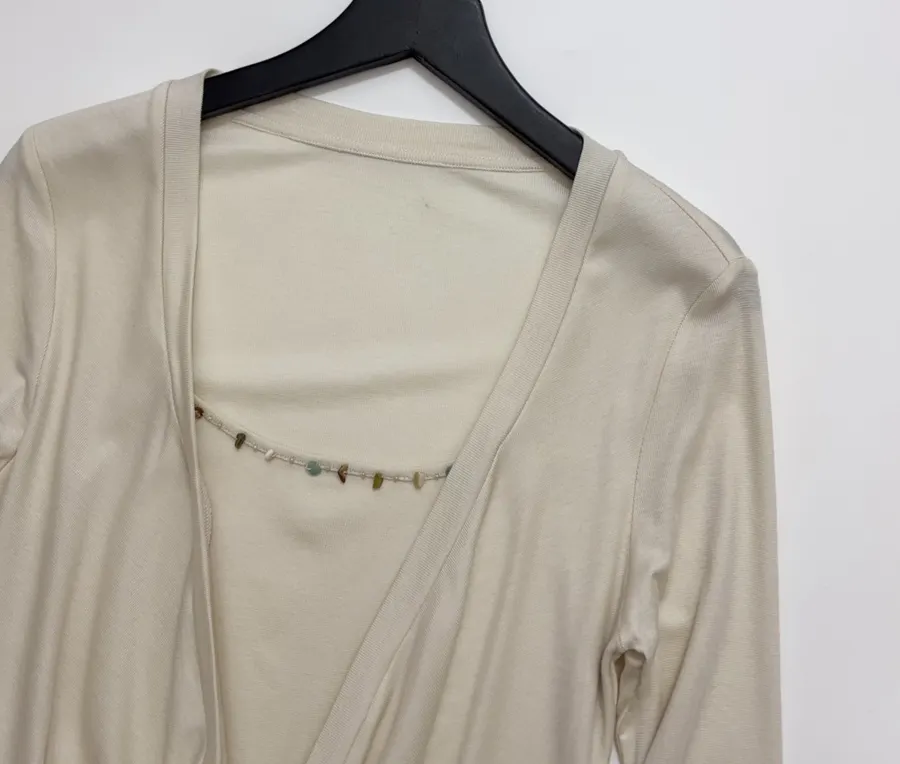 Gem-Embellished Draped-Neck Layered Long-Sleeve Top in Light Gray, product view 02
