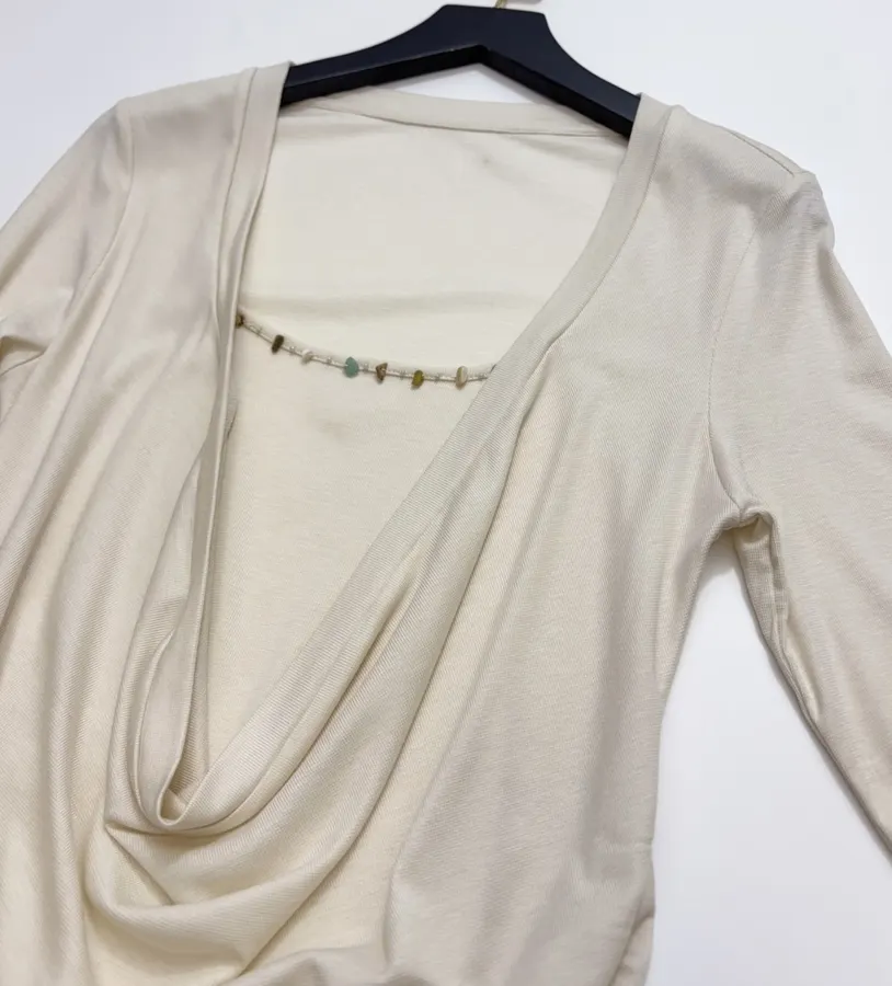 Gem-Embellished Draped-Neck Layered Long-Sleeve Top in Light Gray, product view 04