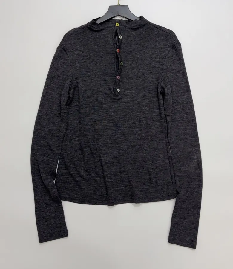 Minimalist Wool Half-Zip Irregular Button T-Shirt Top in Charcoal, product view