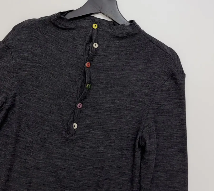 Minimalist Wool Half-Zip Irregular Button T-Shirt Top in Charcoal, product view 02