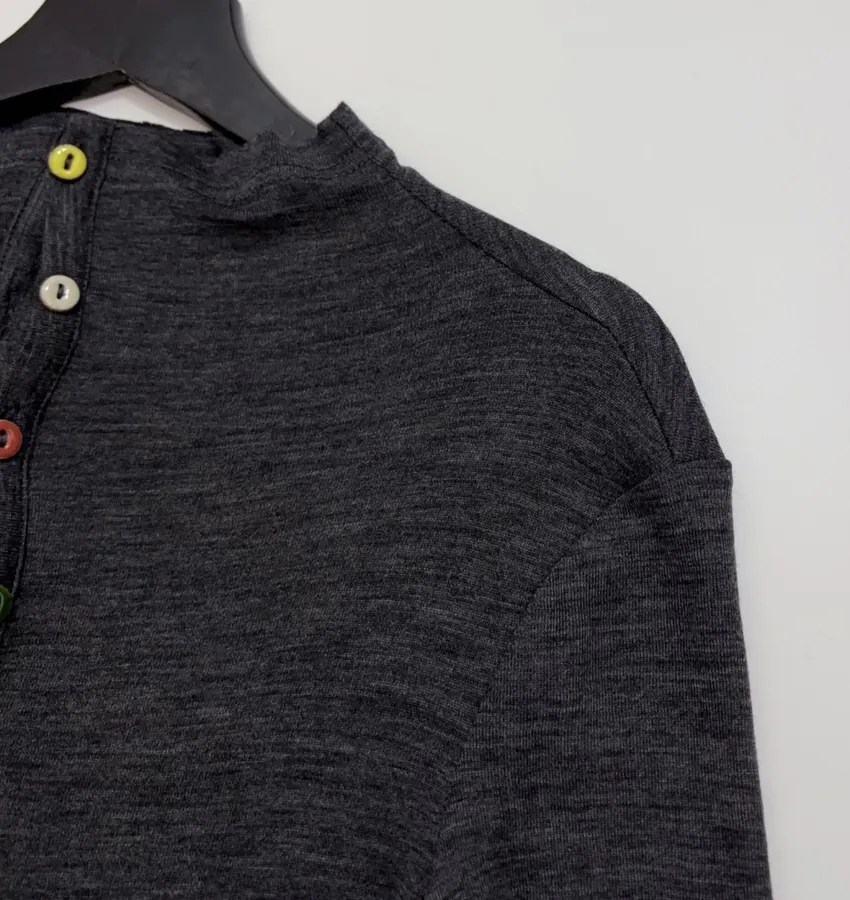 Minimalist Wool Half-Zip Irregular Button T-Shirt Top in Charcoal, product view 04