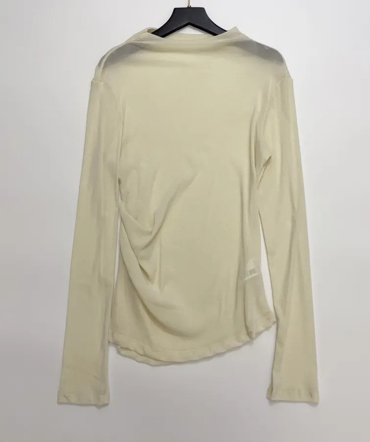 Retro Pleated Cinched Elegant Slightly Sheer Thin Velvet Half-High Neck Long-Sleeve T-Shirt in Pale Yellow, product view