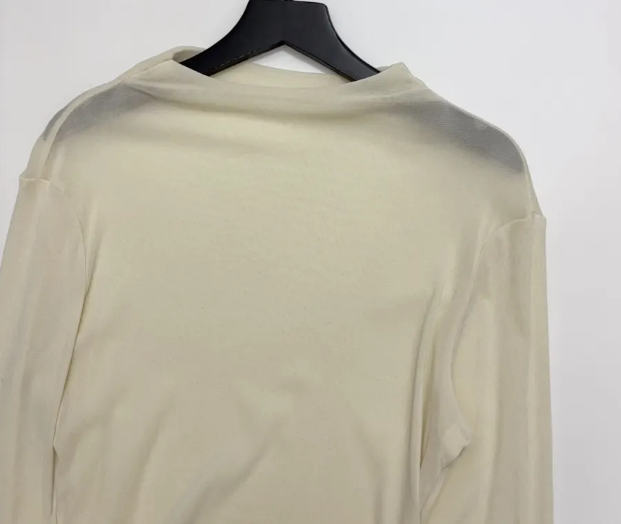 Retro Pleated Cinched Elegant Slightly Sheer Thin Velvet Half-High Neck Long-Sleeve T-Shirt in Pale Yellow, product view 02