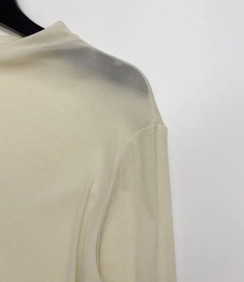 Retro Pleated Cinched Elegant Slightly Sheer Thin Velvet Half-High Neck Long-Sleeve T-Shirt in Pale Yellow, product view 03
