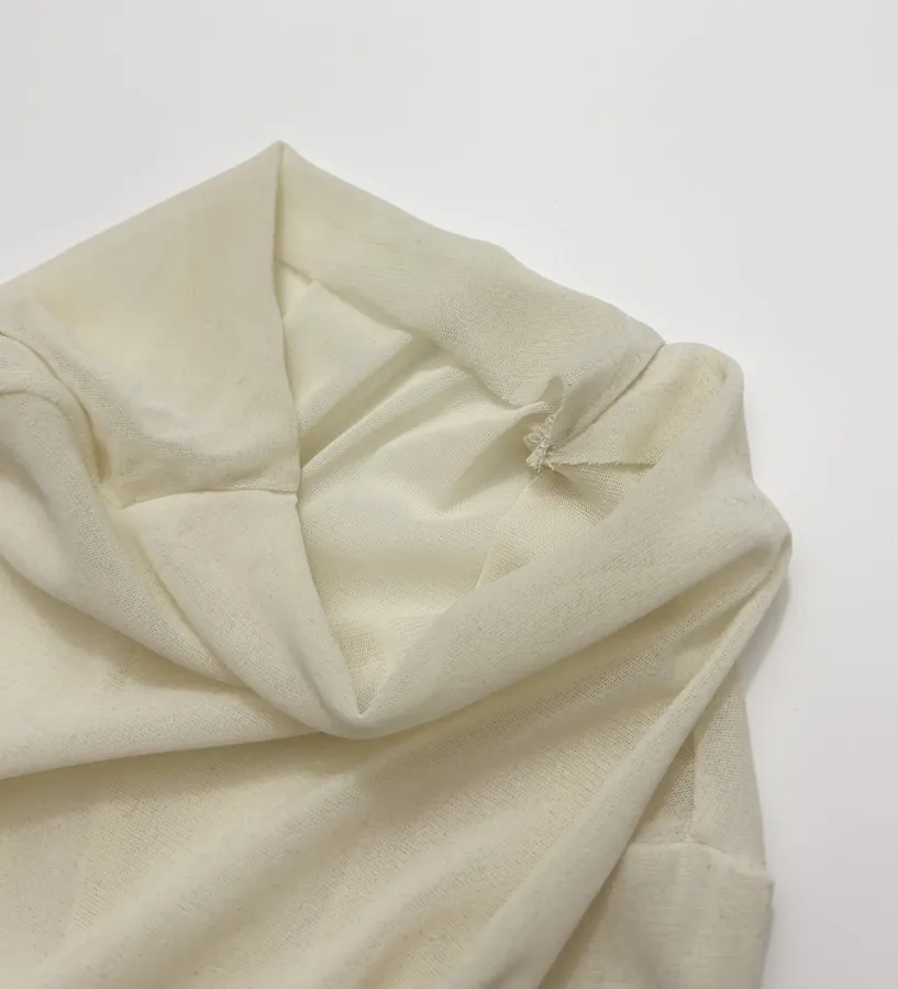 Retro Pleated Cinched Elegant Slightly Sheer Thin Velvet Half-High Neck Long-Sleeve T-Shirt in Pale Yellow, product view 04