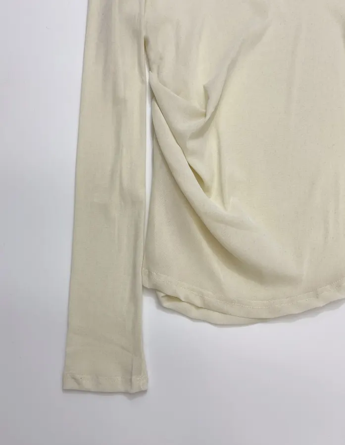 Retro Pleated Cinched Elegant Slightly Sheer Thin Velvet Half-High Neck Long-Sleeve T-Shirt in Pale Yellow, product view 07