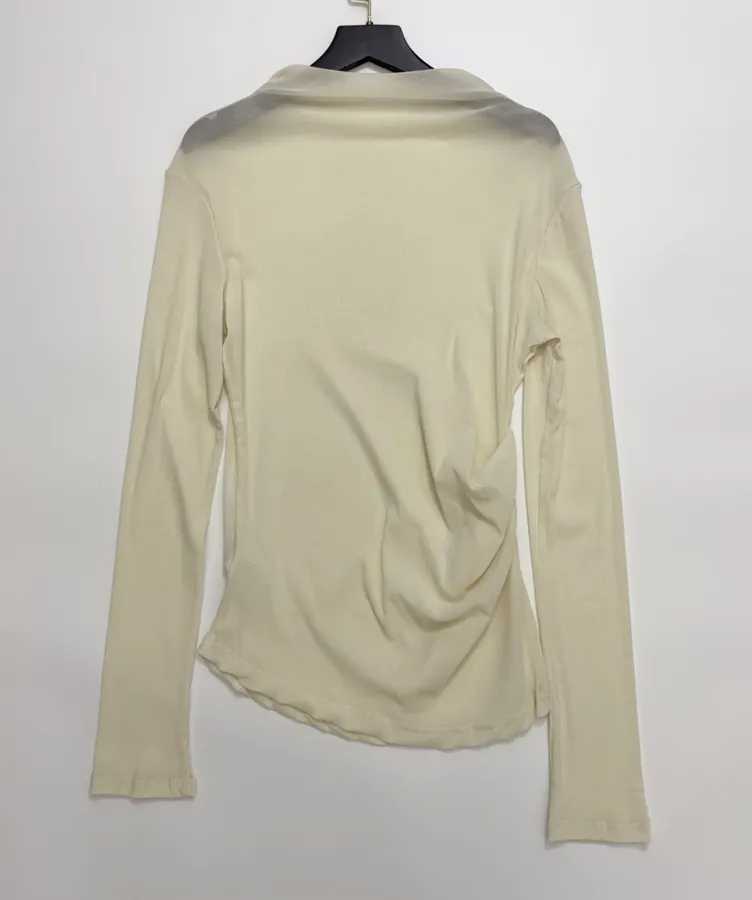 Retro Pleated Cinched Elegant Slightly Sheer Thin Velvet Half-High Neck Long-Sleeve T-Shirt in Pale Yellow, product view 12