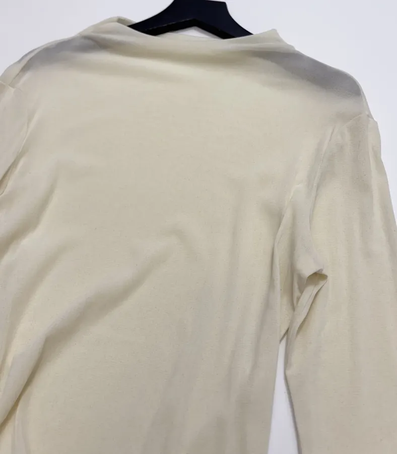 Retro Pleated Cinched Elegant Slightly Sheer Thin Velvet Half-High Neck Long-Sleeve T-Shirt in Pale Yellow, product view 14