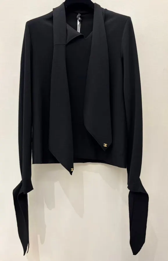 Black Scarf-Neck Long-Sleeve Knit Cardigan in Black, product view