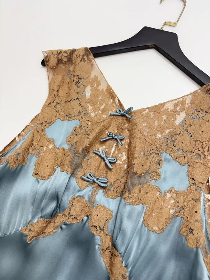 Light Blue Brown-Lace Sleeveless Maxi Dress in Light Blue, product view 04