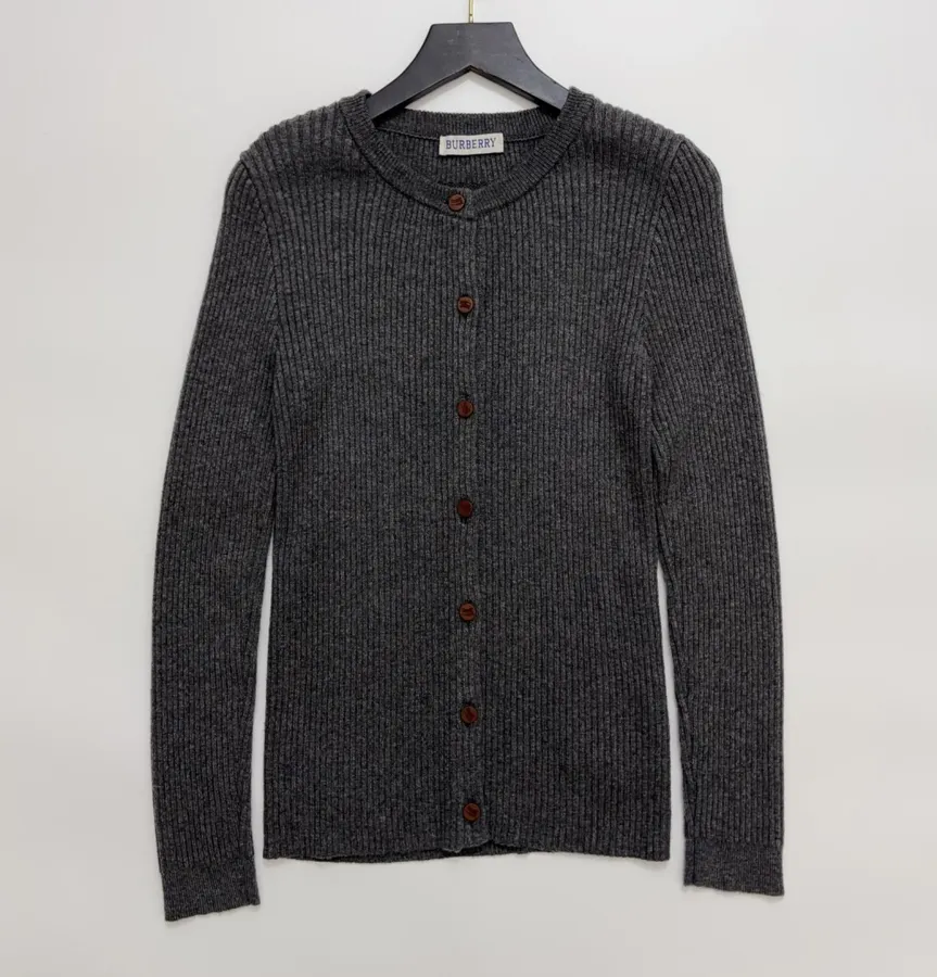 Retro Gray Vertical-Striped Knitted Cardigan Elegant Round-Neck Stretchy Slim-Fit Wool Top in Gray, product view 01