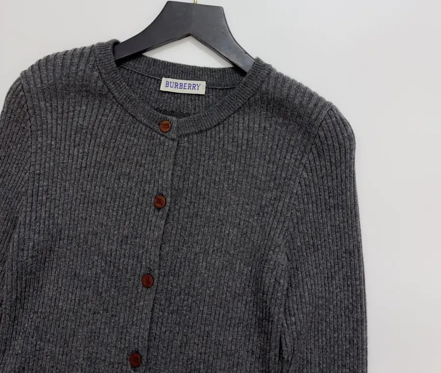 Retro Gray Vertical-Striped Knitted Cardigan Elegant Round-Neck Stretchy Slim-Fit Wool Top in Gray, product view 02