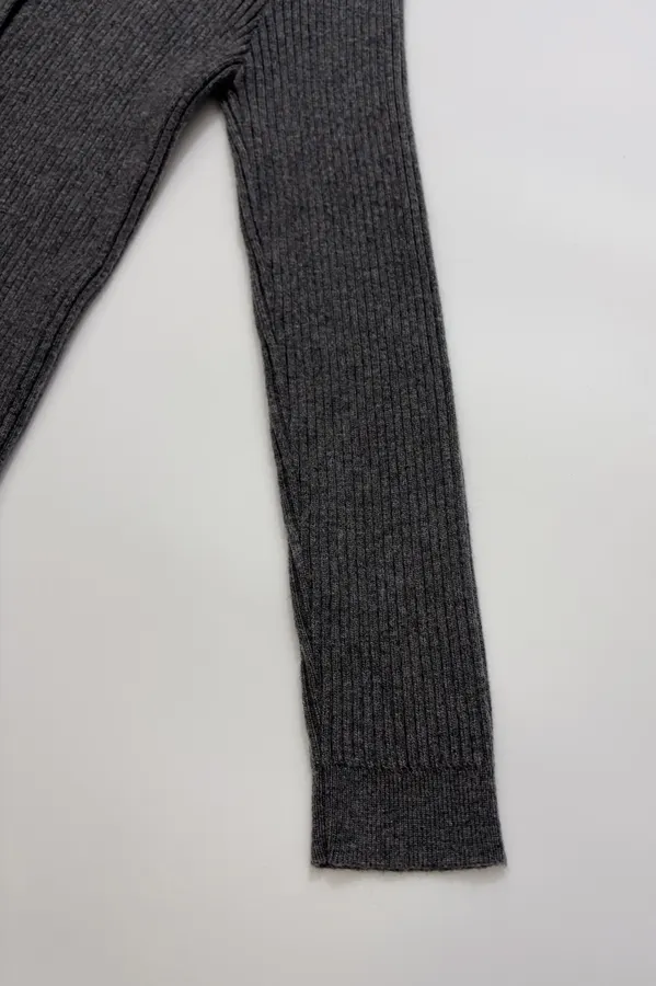 Retro Gray Vertical-Striped Knitted Cardigan Elegant Round-Neck Stretchy Slim-Fit Wool Top in Gray, product view 05
