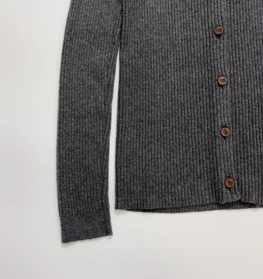 Retro Gray Vertical-Striped Knitted Cardigan Elegant Round-Neck Stretchy Slim-Fit Wool Top in Gray, product view 07