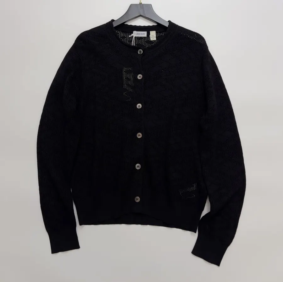 Black Jacquard Hollow-Out Crew-Neck Knitted Cardigan in Black, product view 01