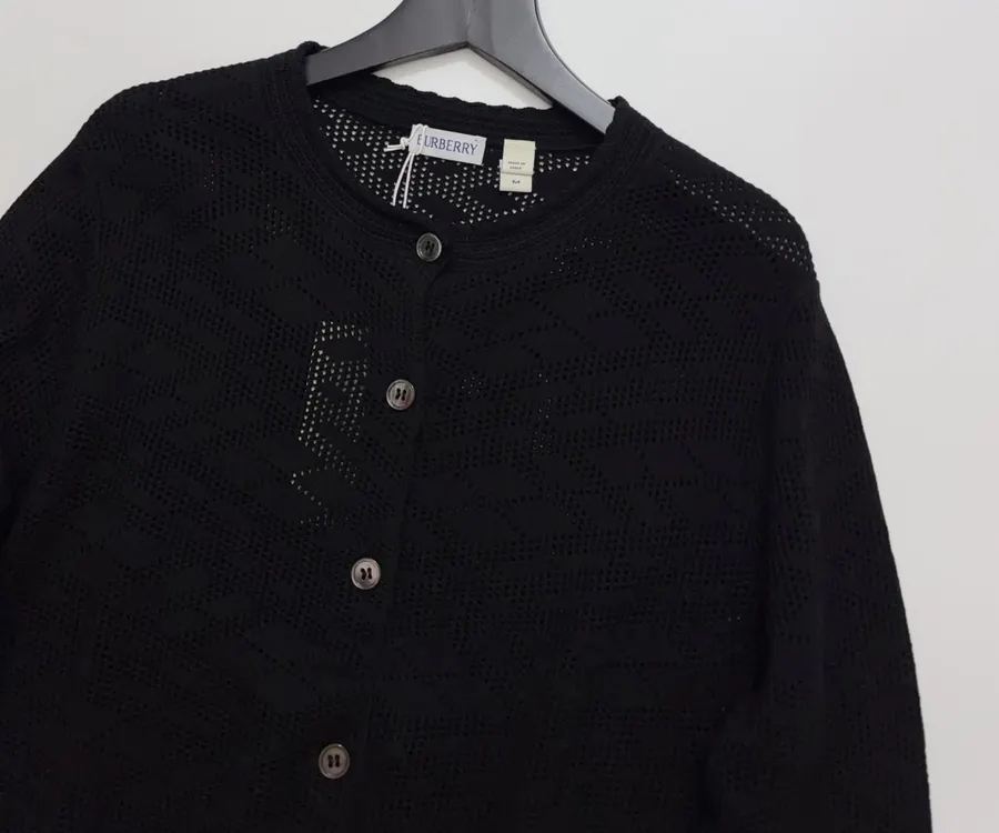Black Jacquard Hollow-Out Crew-Neck Knitted Cardigan in Black, product view 02