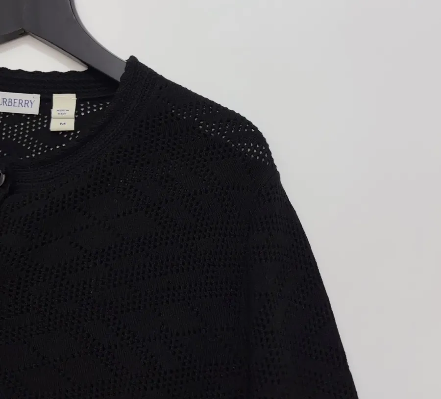 Black Jacquard Hollow-Out Crew-Neck Knitted Cardigan in Black, product view 03