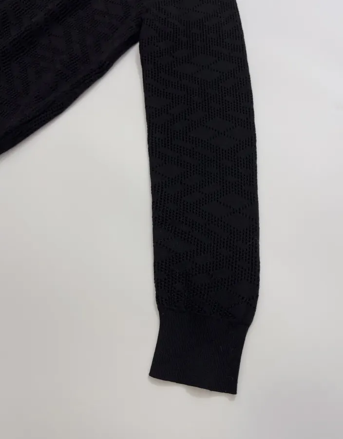 Black Jacquard Hollow-Out Crew-Neck Knitted Cardigan in Black, product view 04