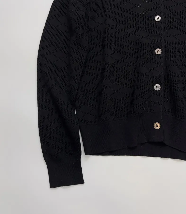 Black Jacquard Hollow-Out Crew-Neck Knitted Cardigan in Black, product view 06