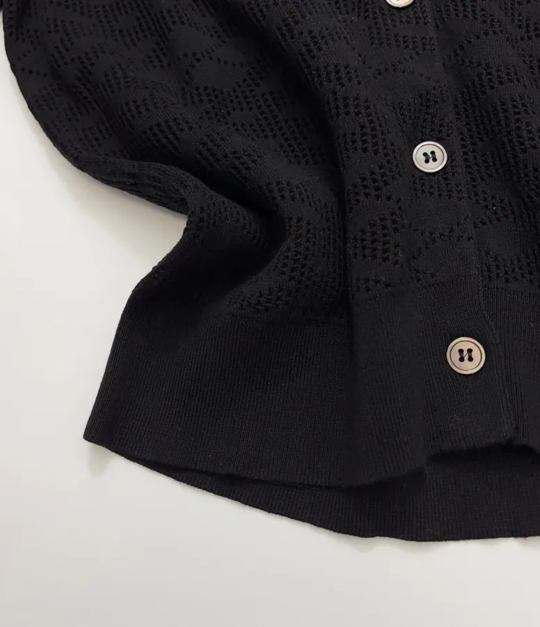 Black Jacquard Hollow-Out Crew-Neck Knitted Cardigan in Black, product view 07