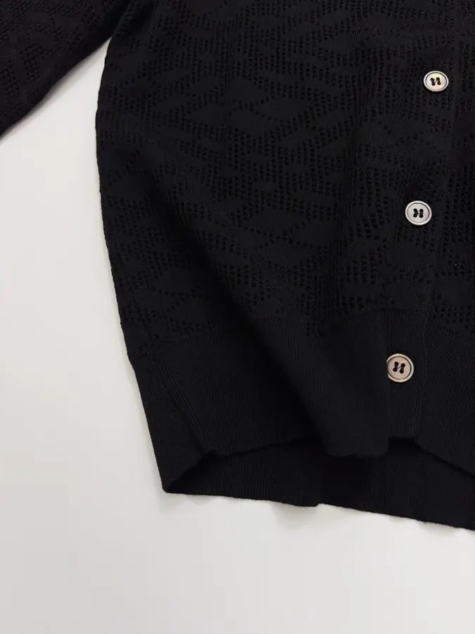 Black Jacquard Hollow-Out Crew-Neck Knitted Cardigan in Black, product view 08