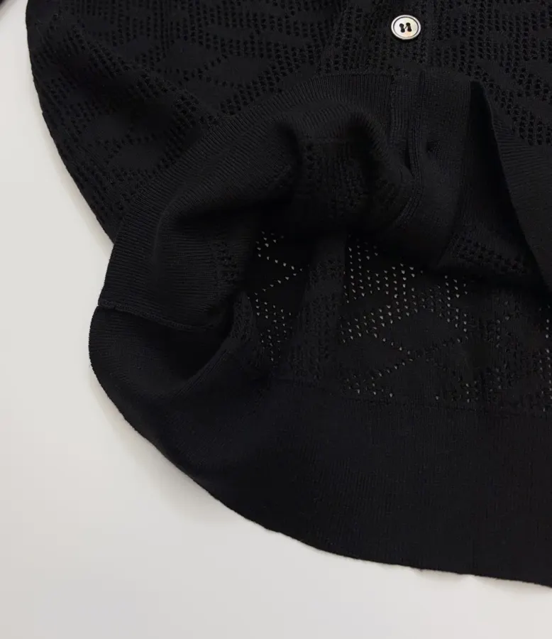 Black Jacquard Hollow-Out Crew-Neck Knitted Cardigan in Black, product view 09