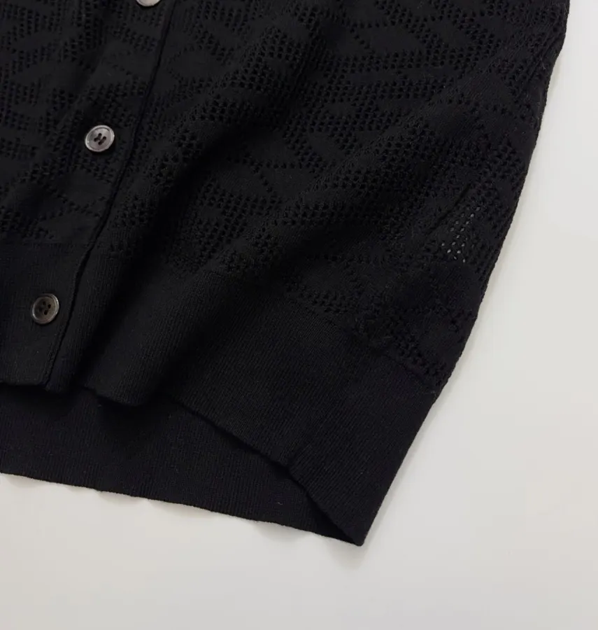 Black Jacquard Hollow-Out Crew-Neck Knitted Cardigan in Black, product view 10