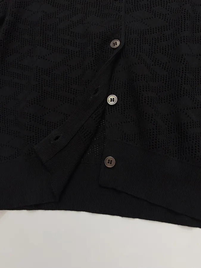 Black Jacquard Hollow-Out Crew-Neck Knitted Cardigan in Black, product view 11