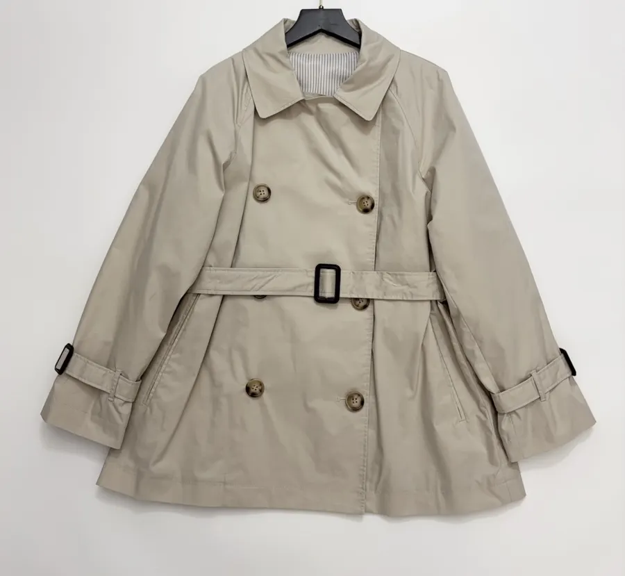 Cotton-Blend Short Double-Breasted Trench Coat Outerwear in Oatmeal, product view