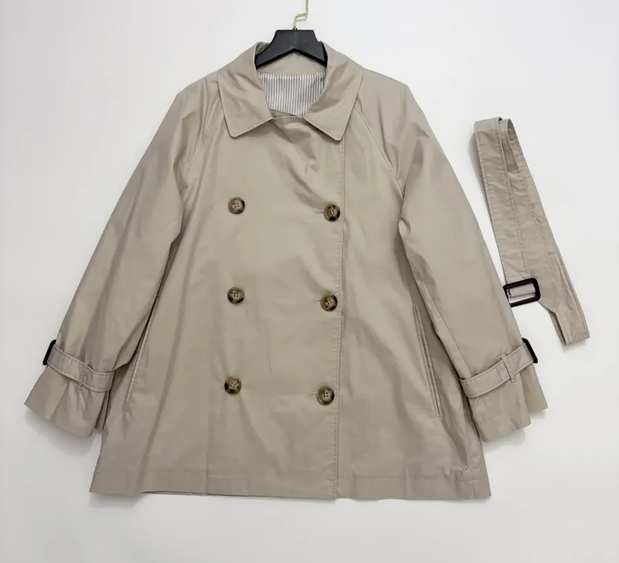 Cotton-Blend Short Double-Breasted Trench Coat Outerwear in Oatmeal, product view 02