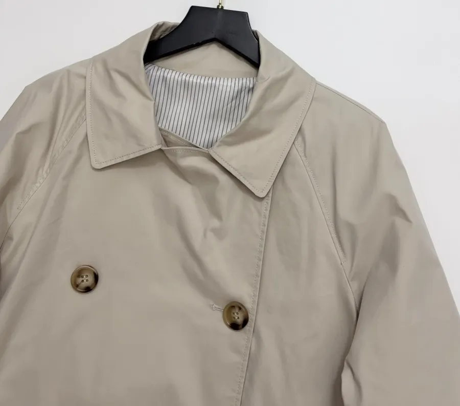 Cotton-Blend Short Double-Breasted Trench Coat Outerwear in Oatmeal, product view 03