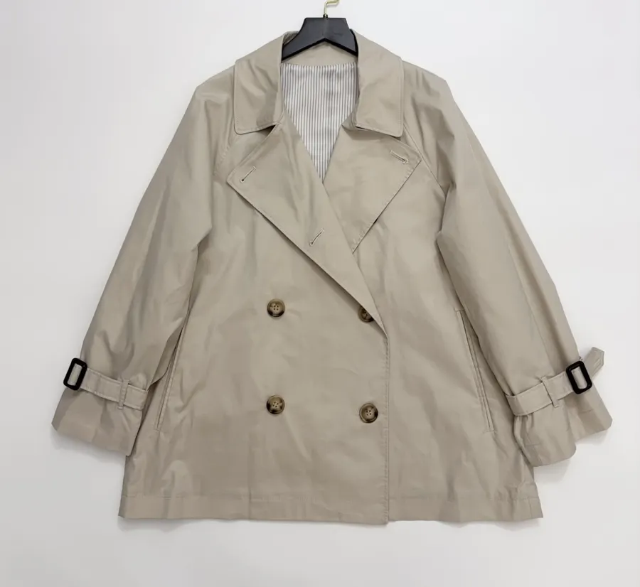 Cotton-Blend Short Double-Breasted Trench Coat Outerwear in Oatmeal, product view 14