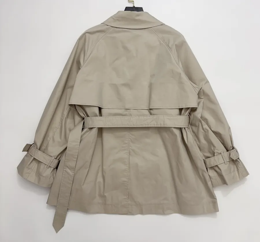 Cotton-Blend Short Double-Breasted Trench Coat Outerwear in Oatmeal, product view 16