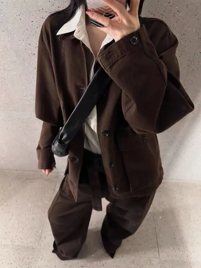 Jacket with Turn-Down Collar, Large Pockets, Loose Fit, Washed Cotton Casual Short Coat in Chocolate Brown, product view 01