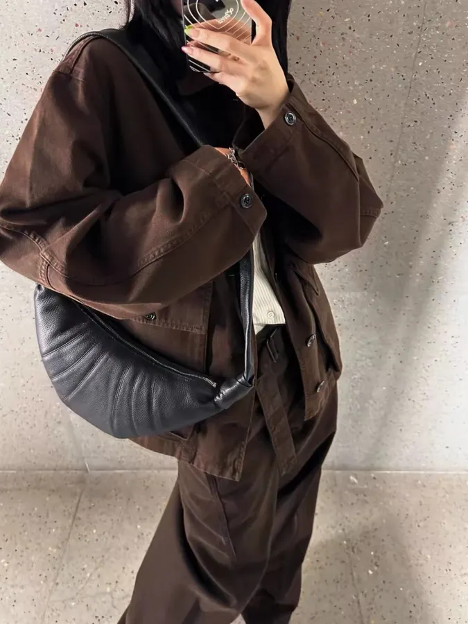 Jacket with Turn-Down Collar, Large Pockets, Loose Fit, Washed Cotton Casual Short Coat in Chocolate Brown, product view 02