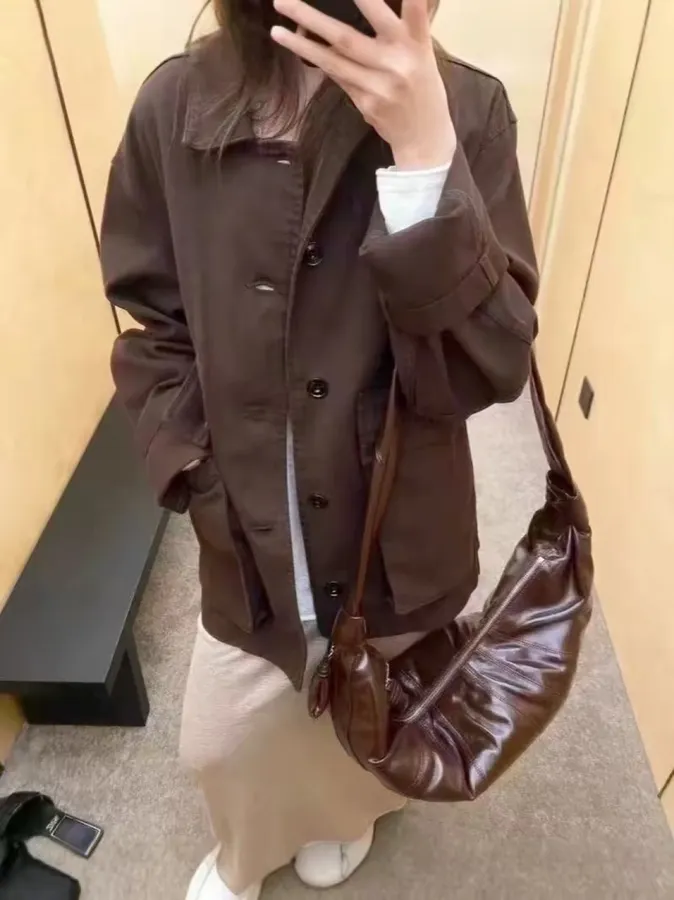 Jacket with Turn-Down Collar, Large Pockets, Loose Fit, Washed Cotton Casual Short Coat in Chocolate Brown, product view 03