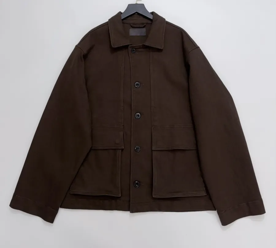 Jacket with Turn-Down Collar, Large Pockets, Loose Fit, Washed Cotton Casual Short Coat in Chocolate Brown, product view 04