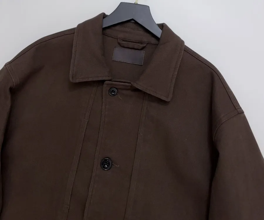 Jacket with Turn-Down Collar, Large Pockets, Loose Fit, Washed Cotton Casual Short Coat in Chocolate Brown, product view 05