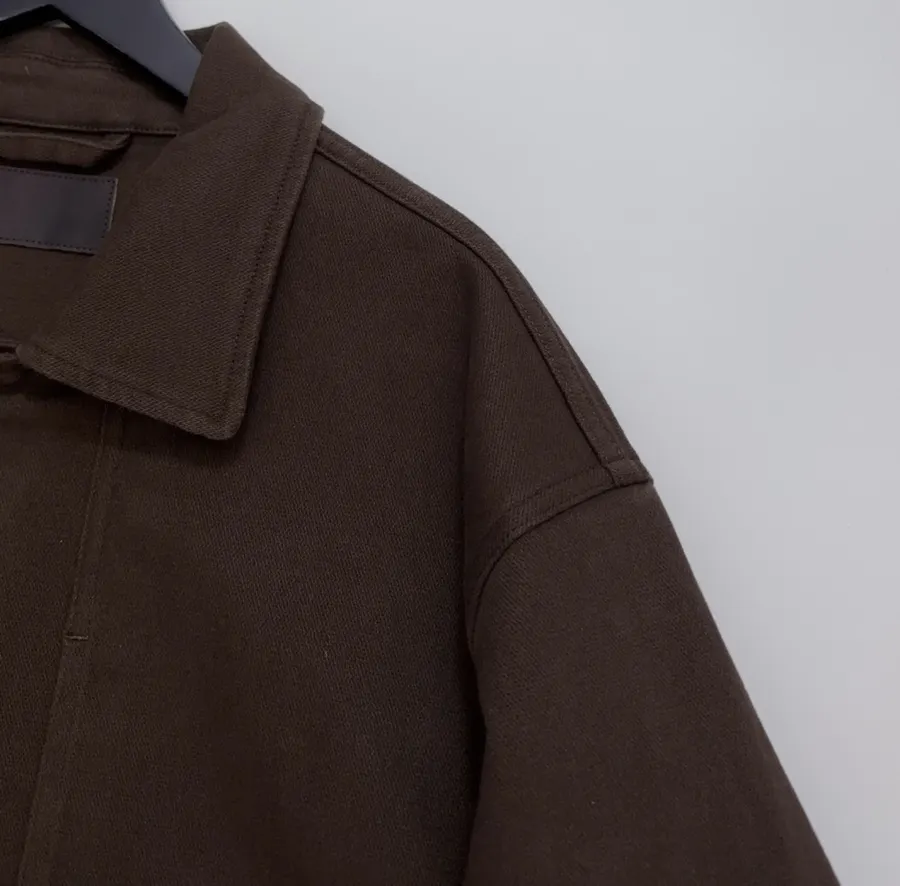 Jacket with Turn-Down Collar, Large Pockets, Loose Fit, Washed Cotton Casual Short Coat in Chocolate Brown, product view 06